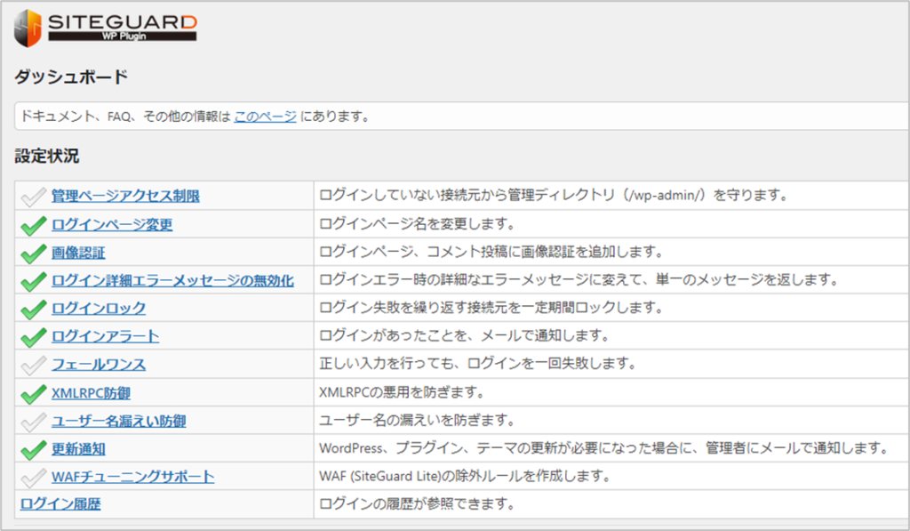 SiteGuard WP Pluginのダッシュボード画面の画像